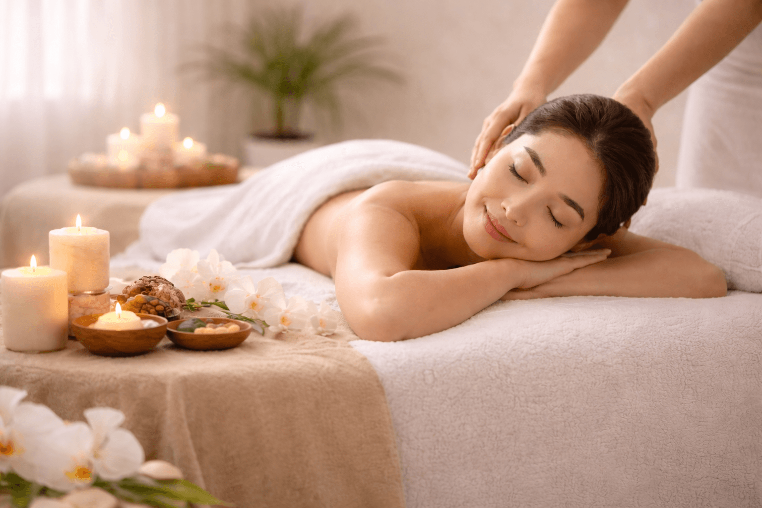 Woman receiving a relaxing shoulder massage in a candlelit spa setting